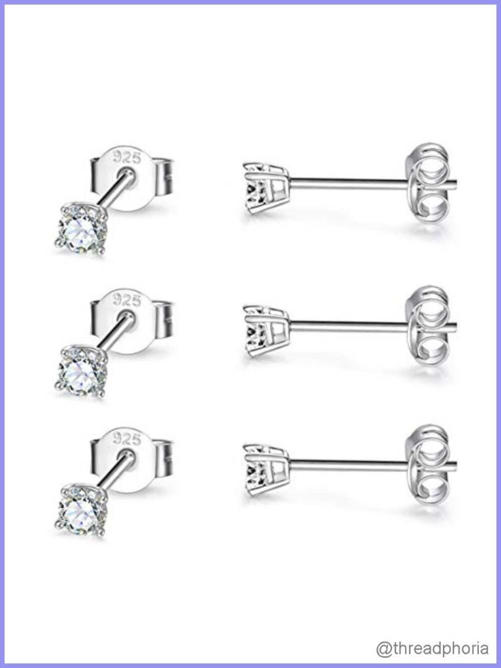 Sterling Silver Stud Earrings Set 3 Pairs 3mm Tiny Ball CZ Cartilage